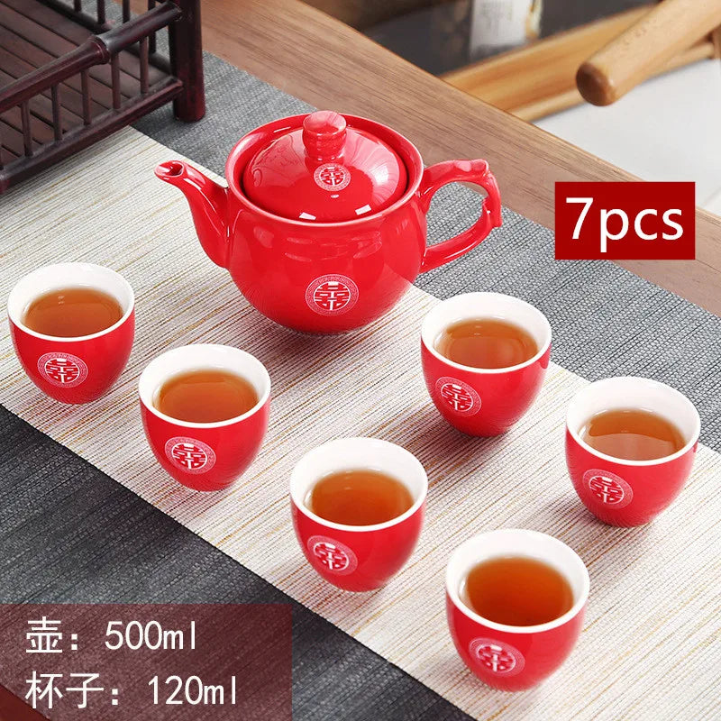 High Quality Ceramics Tea Set Chinese Wedding Tea Pot Set Teacup Tradition Red Porcelain Teapot Boutique Teaware Accessories