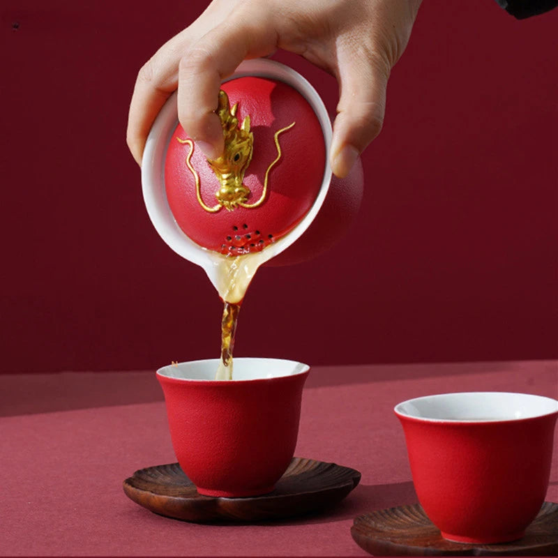 High Quality Red Ceramic Tea Sets Custom Teapot and Cup Set Handmade Gaiwan Teacup Suit Customized Portable Beauty Teaware