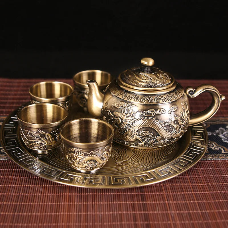 High-grade Bronze Dragon and Phoenix Tea Set Household Full Set of Tea Set 1 Teapot 4 Tea Cups 1 Tray