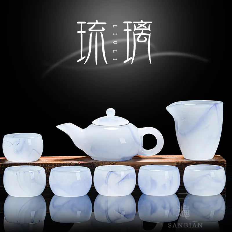 Jade Porcelain Tea Set Colored Glaze Teapot Gaiwan Pitcher Kung Fu Tea Cup White Jade Glass Office Tea Making Device