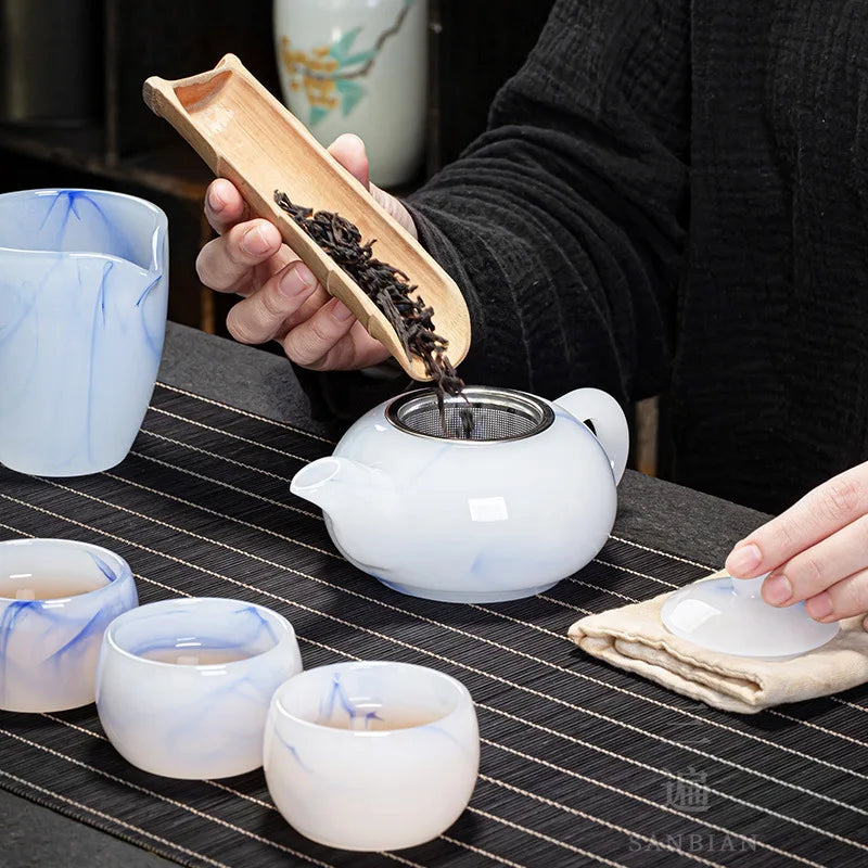 Jade Porcelain Tea Set Colored Glaze Teapot Gaiwan Pitcher Kung Fu Tea Cup White Jade Glass Office Tea Making Device