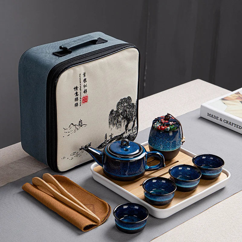 Japanese Style Tea Set Teaware Sets Blue Ceramic Tea Cups Business Gift Portable Travel Chinese Kung Fu Teapot