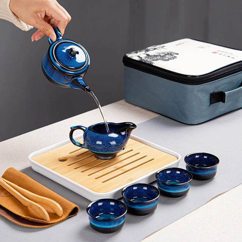 Japanese Style Tea Set Teaware Sets Blue Ceramic Tea Cups Business Gift Portable Travel Chinese Kung Fu Teapot