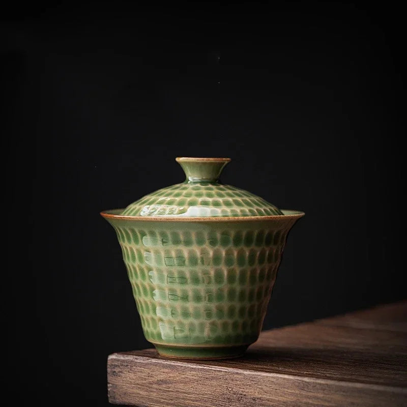 Japanese Style Uneven Green Gaiwan For Tea Porcelain Tureen Teaware Set Tea Bowl Chawan Tea Cup