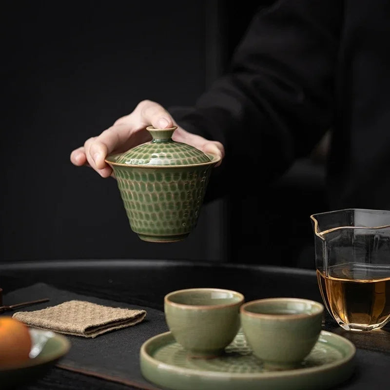 Japanese Style Uneven Green Gaiwan For Tea Porcelain Tureen Teaware Set Tea Bowl Chawan Tea Cup