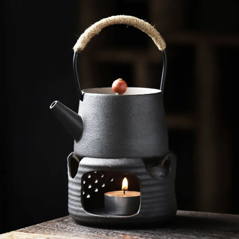 JapaneseBlackPotterySmalCeramicTeapotCandleHeatingStoveHeatingTeapotTeaSetHeatPreservationStoveTeaSetKitchenCatering