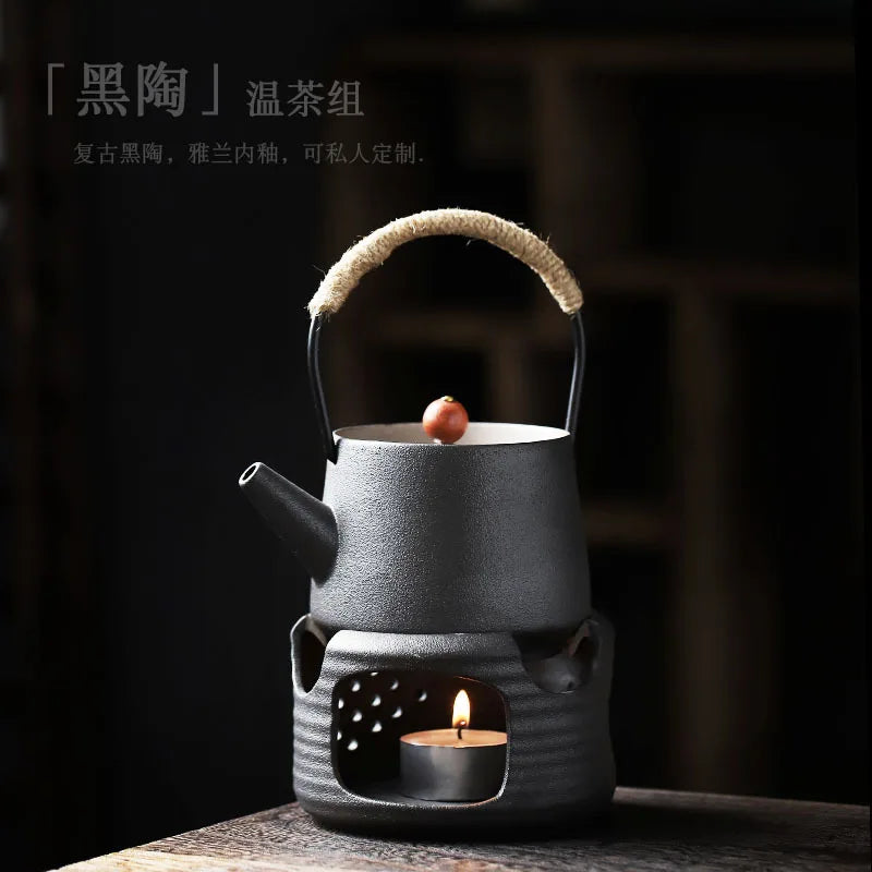 JapaneseBlackPotterySmalCeramicTeapotCandleHeatingStoveHeatingTeapotTeaSetHeatPreservationStoveTeaSetKitchenCatering