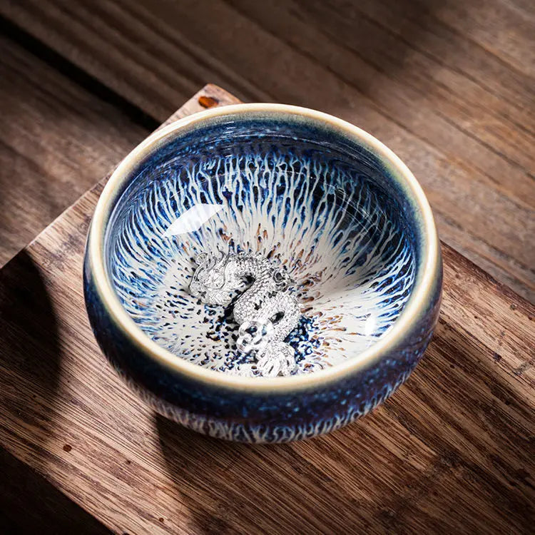 Jianzhan Ceramic Tea Cup Tenmoku Glazed Gilt Gold Inlaid Silver Dragon Teacup Pigmented Kung Fu Tea Bowl Pigmented Tea Set