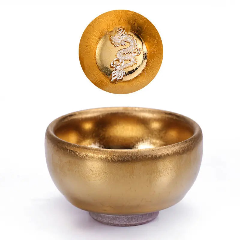 Jianzhan Ceramic Tea Cup Tenmoku Glazed Gilt Gold Inlaid Silver Dragon Teacup Pigmented Kung Fu Tea Bowl Pigmented Tea Set