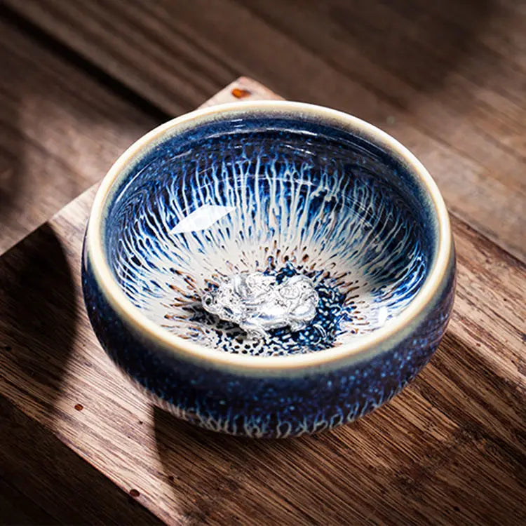 Jianzhan Ceramic Tea Cup Tenmoku Glazed Gilt Gold Inlaid Silver Dragon Teacup Pigmented Kung Fu Tea Bowl Pigmented Tea Set