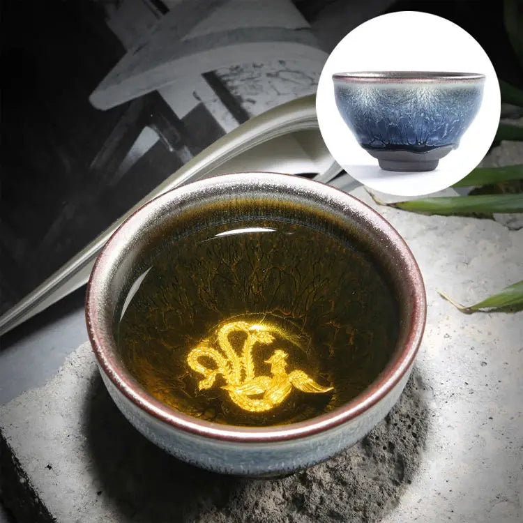 Jianzhan Ceramic Tea Cup Tenmoku Glazed Gilt Gold Inlaid Silver Dragon Teacup Pigmented Kung Fu Tea Bowl Pigmented Tea Set