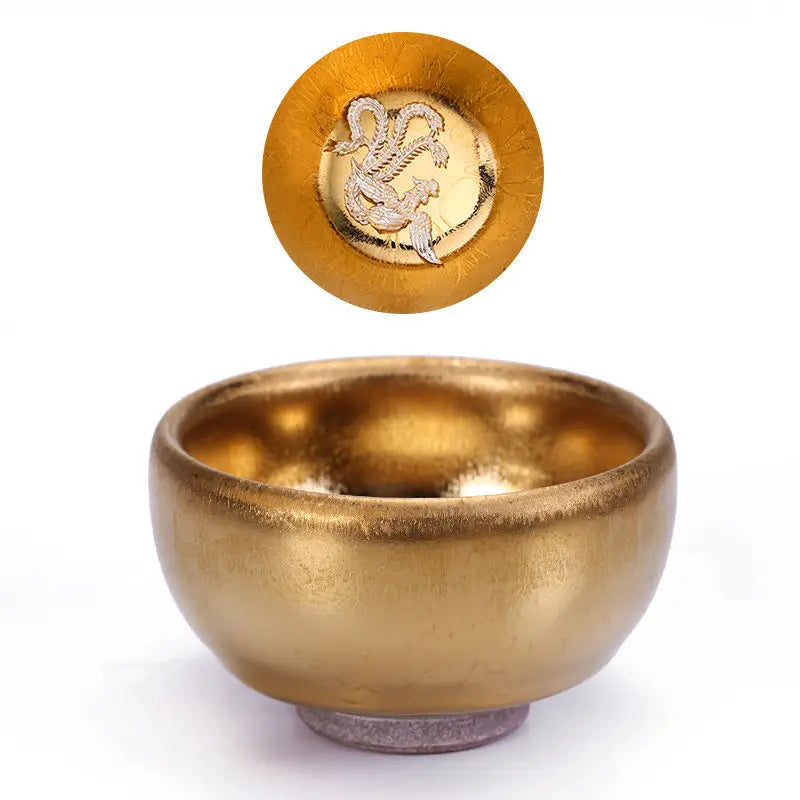 Jianzhan Ceramic Tea Cup Tenmoku Glazed Gilt Gold Inlaid Silver Dragon Teacup Pigmented Kung Fu Tea Bowl Pigmented Tea Set
