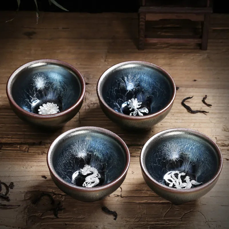 Jianzhan Tea Cup Tianmu Glaze Inlaid Silver Tea Bowl Kung Fu Tea Set Kiln Ceramic Tea Cup Chinese Tea Set Exquisite Teacup Gift