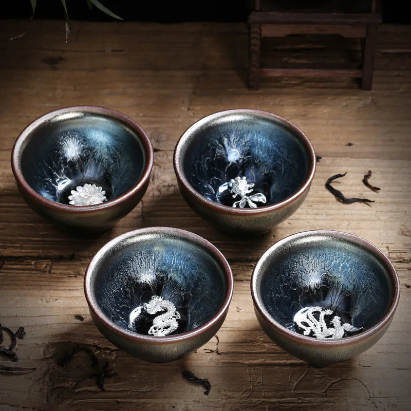 Jianzhan Tea Cup Tianmu Glaze Inlaid Silver Tea Bowl Kung Fu Tea Set Kiln Ceramic Tea Cup Chinese Tea Set Exquisite Teacup Gift
