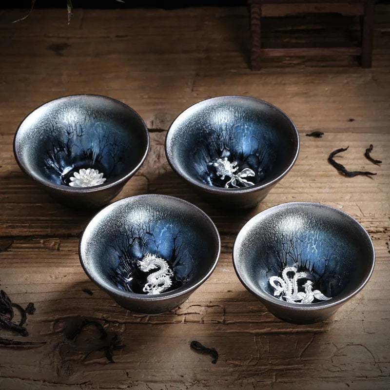 Jianzhan Tea Cup Tianmu Glaze Inlaid Silver Tea Bowl Kung Fu Tea Set Kiln Ceramic Tea Cup Chinese Tea Set Exquisite Teacup Gift