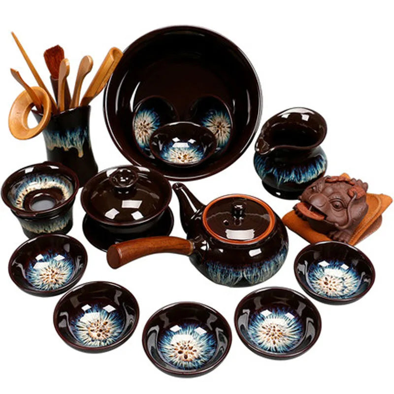 Jianzhan-Teapot and Cup Set, Household Set of Jianzhan Glaze Tea Teapot