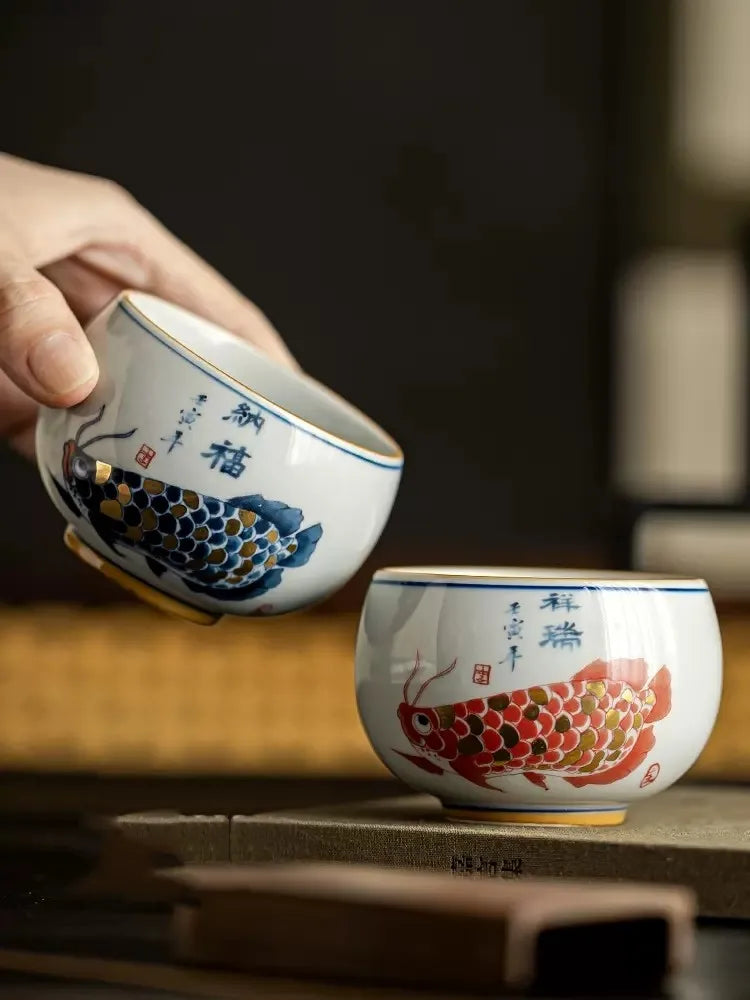 Jing De Zhen Antique Clay Fish Dragon Cups  Pottery Tea Cup Set Teaware Bowl For Tea Ceremony Coffee Mugs River Teacup Zen