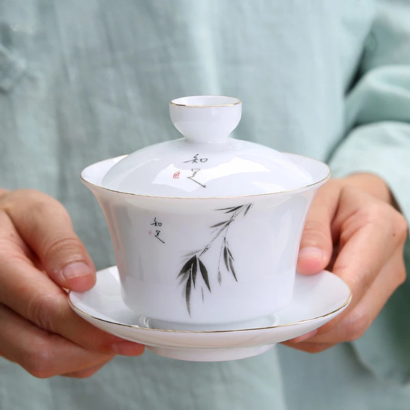 Jingdezhen Ceramic Gaiwan Tea Bowl White Porcelain Tea Maker with Cover Teacup Chinese Tea Set Supplies Household Drinkware