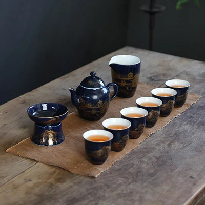 Jingdezhen Ceramic Tea Sets Indigo Glaze Teapot High Grade Household Teacups Kung Fu Green Tea Oolong Pu-erh Teaware Gift Box