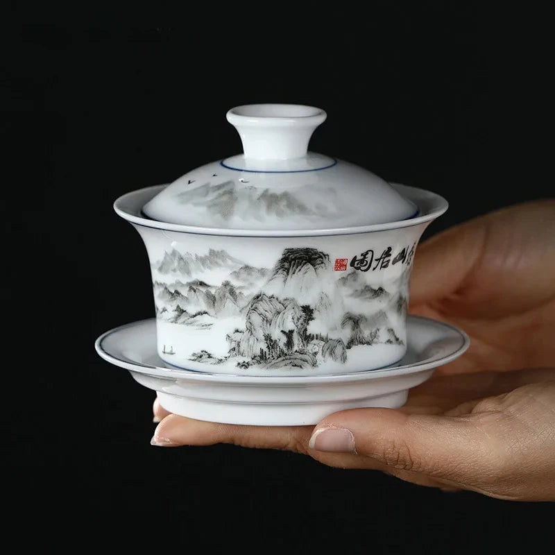 Jingdezhen Ceramics Gaiwan Home Handmade Tea Tureen Boutique with Cover Teacup Tea Ceremony Accessories Personal Tea Cup