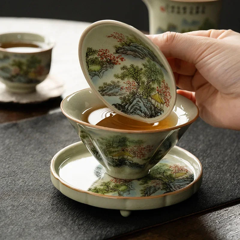 Jingdezhen Tea Tureen Pottery Gaiwan On-glazed High Grade Ceramic Tea Cup Elegant Gongfu Teaware Authentic Retro Teacups
