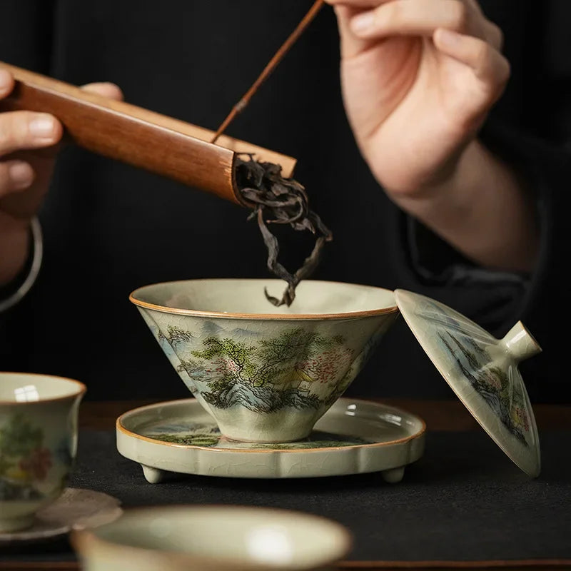 Jingdezhen Tea Tureen Pottery Gaiwan On-glazed High Grade Ceramic Tea Cup Elegant Gongfu Teaware Authentic Retro Teacups
