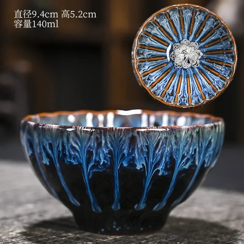 Kiln Change Inlaid Silver Tea Cup Gilding Teacup Ceramic Tea Cup Chinese Kung Fu Tea Set Master Cup Household Flower Tea Bowl