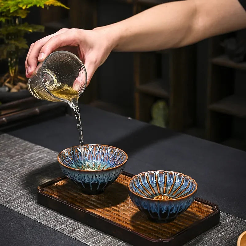 Kiln Change Inlaid Silver Tea Cup Gilding Teacup Ceramic Tea Cup Chinese Kung Fu Tea Set Master Cup Household Flower Tea Bowl