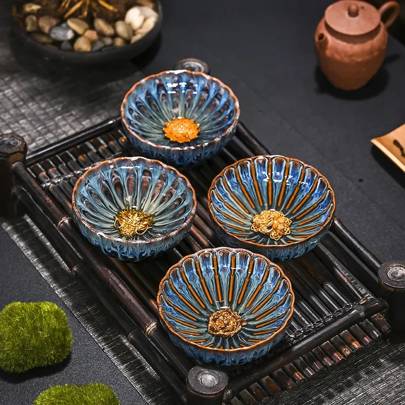 Kiln Change Inlaid Silver Tea Cup Gilding Teacup Ceramic Tea Cup Chinese Kung Fu Tea Set Master Cup Household Flower Tea Bowl