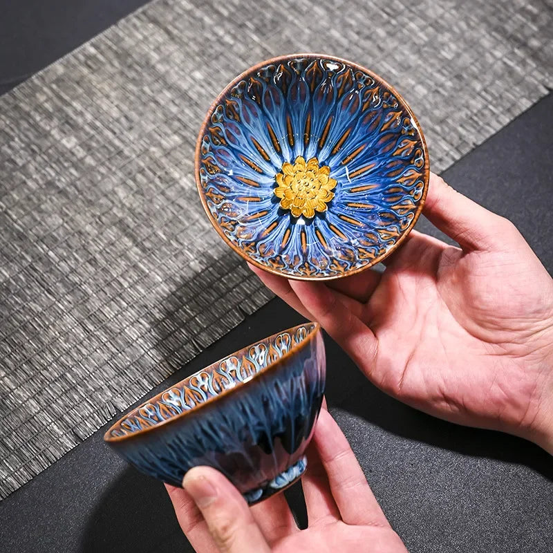 Kiln Change Inlaid Silver Tea Cup Gilding Teacup Ceramic Tea Cup Chinese Kung Fu Tea Set Master Cup Household Flower Tea Bowl