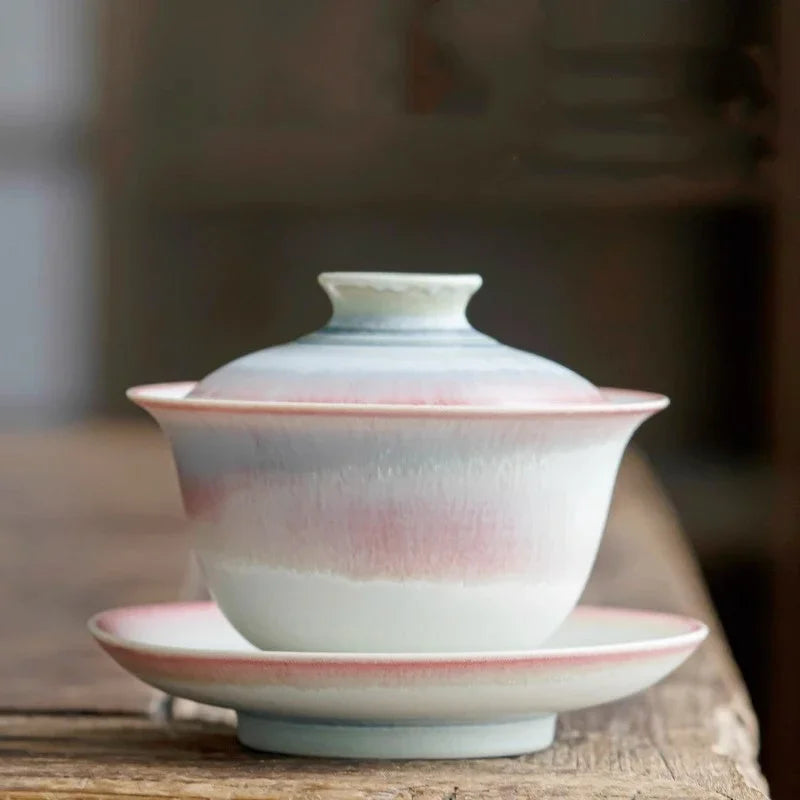 Kiln Change Pink Gaiwan For Tea Porcelain Chinese Jingdezhen Tureen Teaware Set Tea Bowl Kung Fu Tea Chawan Tea Cups Lily