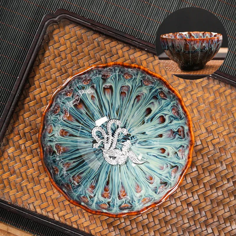 Kiln Change Tea Cup Tianmu Glaze Jianzhan Inlaid Silver Tea Cup Ceramic Teacup Master Cup Chinese Kung Fu Tea Set Tea Bowl