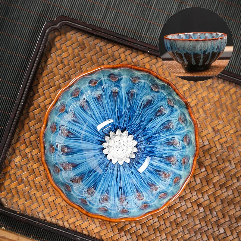 Kiln Change Tea Cup Tianmu Glaze Jianzhan Inlaid Silver Tea Cup Ceramic Teacup Master Cup Chinese Kung Fu Tea Set Tea Bowl