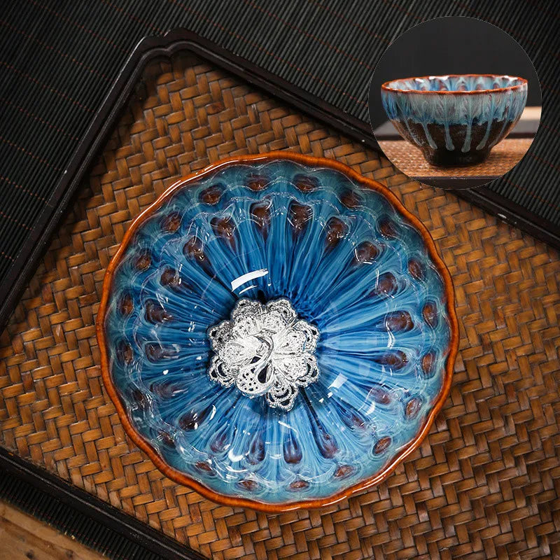 Kiln Change Tea Cup Tianmu Glaze Jianzhan Inlaid Silver Tea Cup Ceramic Teacup Master Cup Chinese Kung Fu Tea Set Tea Bowl