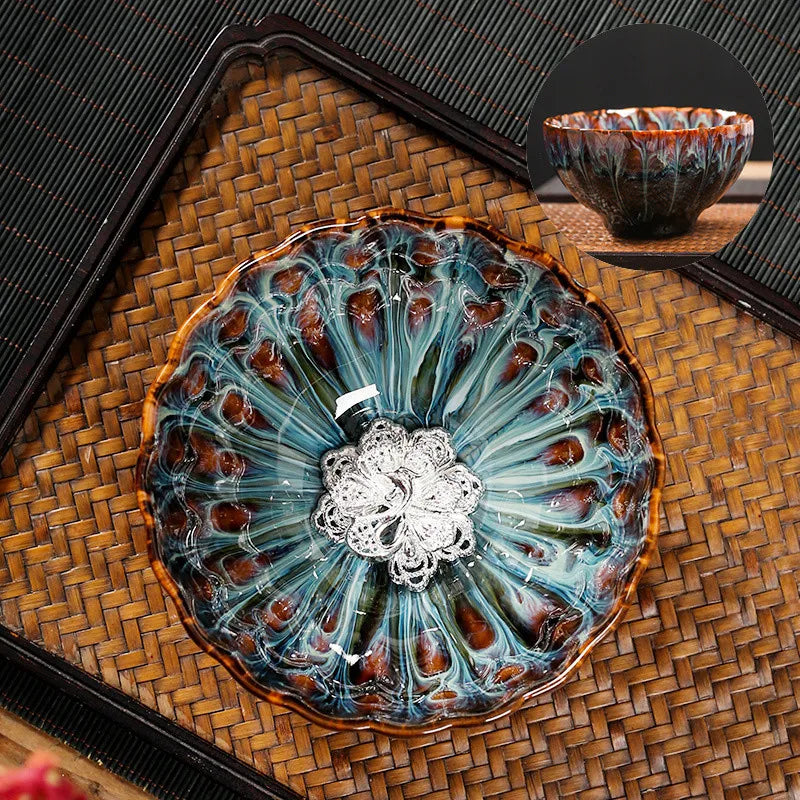 Kiln Change Tea Cup Tianmu Glaze Jianzhan Inlaid Silver Tea Cup Ceramic Teacup Master Cup Chinese Kung Fu Tea Set Tea Bowl