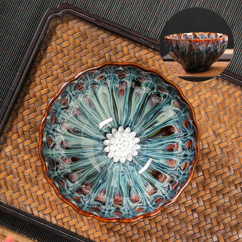 Kiln Change Tea Cup Tianmu Glaze Jianzhan Inlaid Silver Tea Cup Ceramic Teacup Master Cup Chinese Kung Fu Tea Set Tea Bowl
