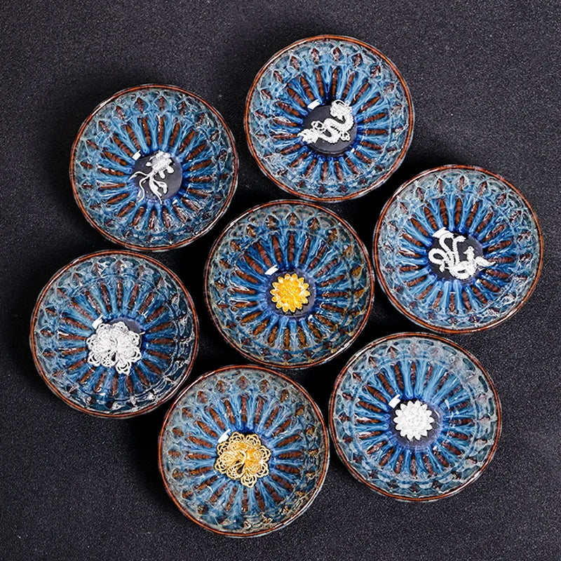 Kiln Change Tea Cup Tianmu Glaze Jianzhan Inlaid Silver Tea Cup Ceramic Teacup Master Cup Chinese Kung Fu Tea Set Tea Bowl