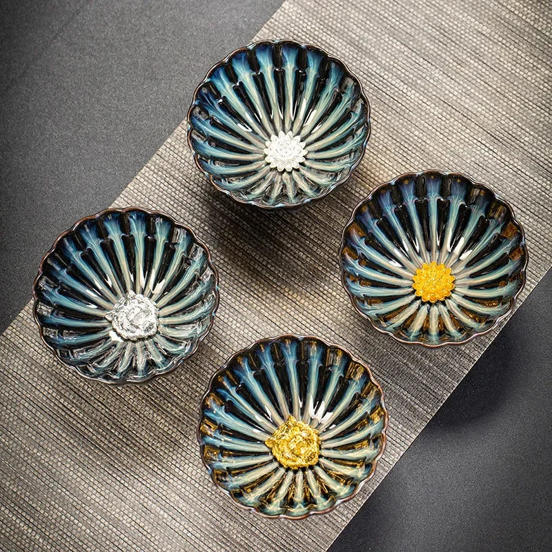 Kiln Changing Tianmu Jianzhan Tea Cup Chinese Kung Fu Tea Set Master Cup Ceramic Tea Cup Lotus Inlaid Silver Teacup Teaware