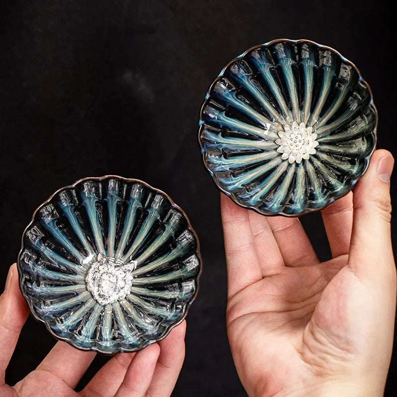 Kiln Changing Tianmu Jianzhan Tea Cup Chinese Kung Fu Tea Set Master Cup Ceramic Tea Cup Lotus Inlaid Silver Teacup Teaware