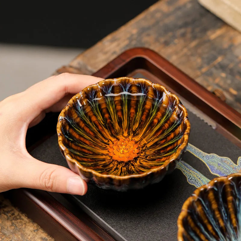 Kiln Transformation Tea Cup Temmoku Glaze Ceramic Tea Cup Inlaid Lotus Chinese Kung Fu Tea Set Jianzhan Teacup Tea Bowl Teaware