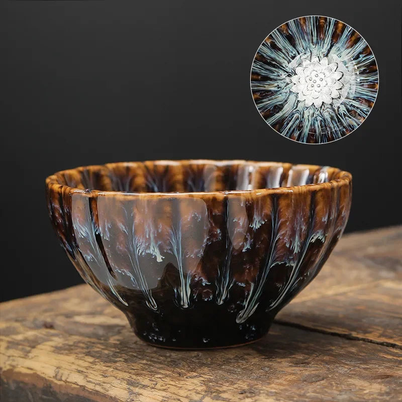 Kiln Transformation Tea Cup Temmoku Glaze Ceramic Tea Cup Inlaid Lotus Chinese Kung Fu Tea Set Jianzhan Teacup Tea Bowl Teaware