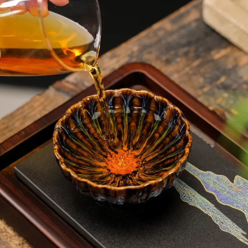 Kiln Transformation Tea Cup Temmoku Glaze Ceramic Tea Cup Inlaid Lotus Chinese Kung Fu Tea Set Jianzhan Teacup Tea Bowl Teaware
