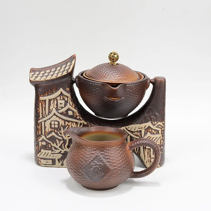 Lazy Man Teaware Set Ceramic Home Creative Firewood Retro Anti-Scald Tea Making Teapot Tea Cup Lid Flip Water Tea Set Chinese