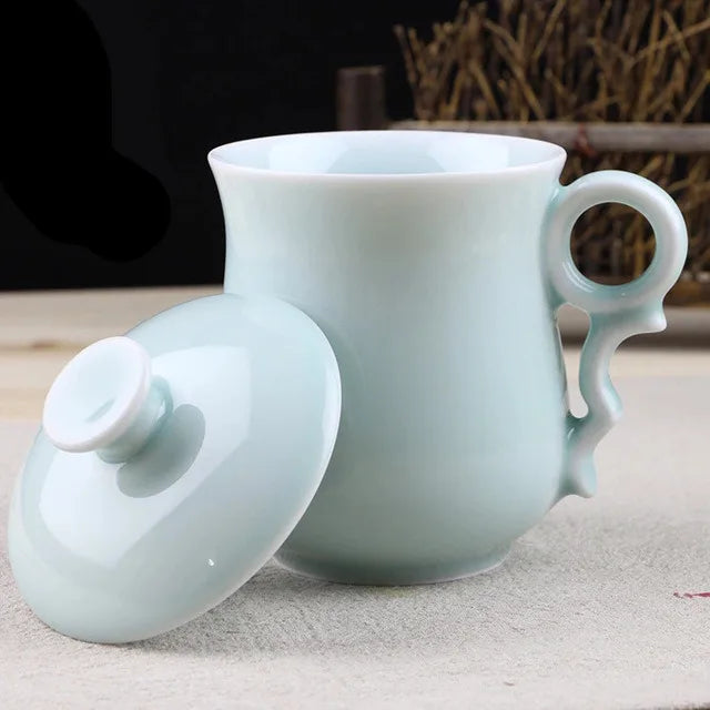 Longquan Teacup Glaze Celadon Coffee Tea Mug Office Elegant Ceramic Tea Cups with Lid Chinese Teaset Drop Shipping