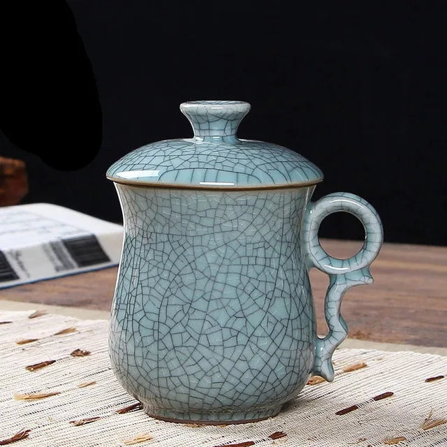 Longquan Teacup Glaze Celadon Coffee Tea Mug Office Elegant Ceramic Tea Cups with Lid Chinese Teaset Drop Shipping
