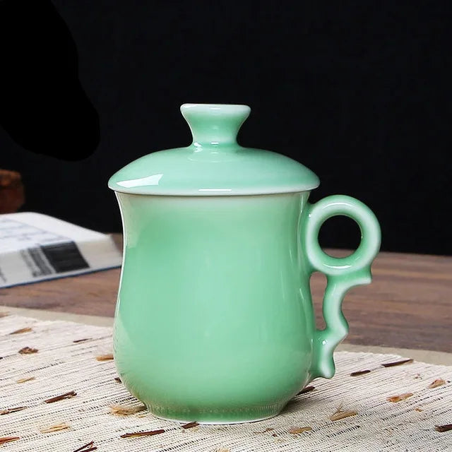 Longquan Teacup Glaze Celadon Coffee Tea Mug Office Elegant Ceramic Tea Cups with Lid Chinese Teaset Drop Shipping