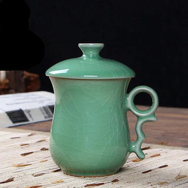Longquan Teacup Glaze Celadon Coffee Tea Mug Office Elegant Ceramic Tea Cups with Lid Chinese Teaset Drop Shipping