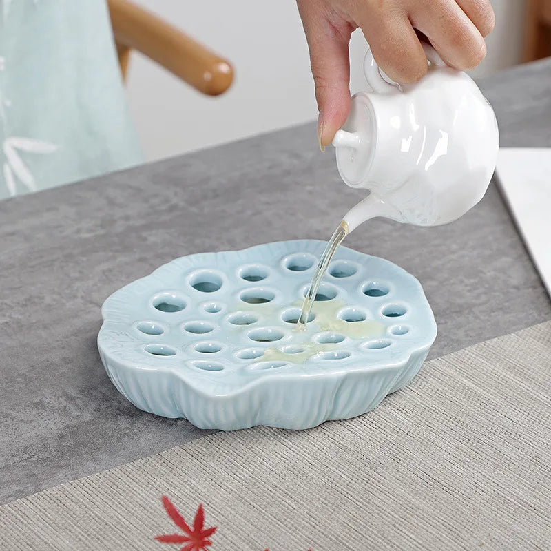 Lotus Ceramic Retro Pot Tray Bamboo Tea Tray Base Small Water Storage Tea Table Teapot Holder Tea Pot Base Water Drop Container