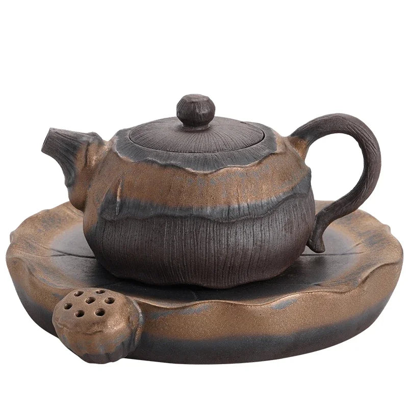 Lotus Teapot New Chinese Handmade Rough Pottery Teaware Ceramic Vintage Kung Fu Tea Set White Tea Rock Tea Pu'er Single Pot