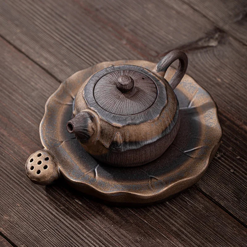 Lotus Teapot New Chinese Handmade Rough Pottery Teaware Ceramic Vintage Kung Fu Tea Set White Tea Rock Tea Pu'er Single Pot